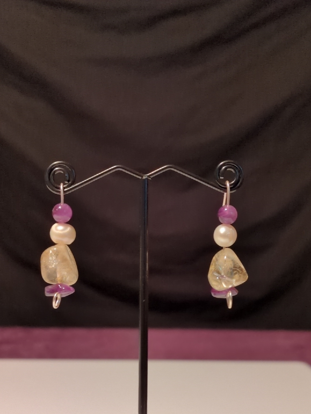 Handmade Amethyst, Citrine, Freshwater Pearl Gemstone Bead Drop Earrings